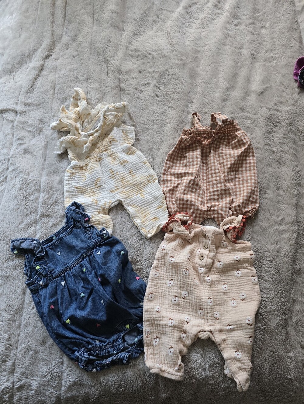 Set of 4 Baby Rompers - Cream, Rust Gingham, Denim Blue, Blush